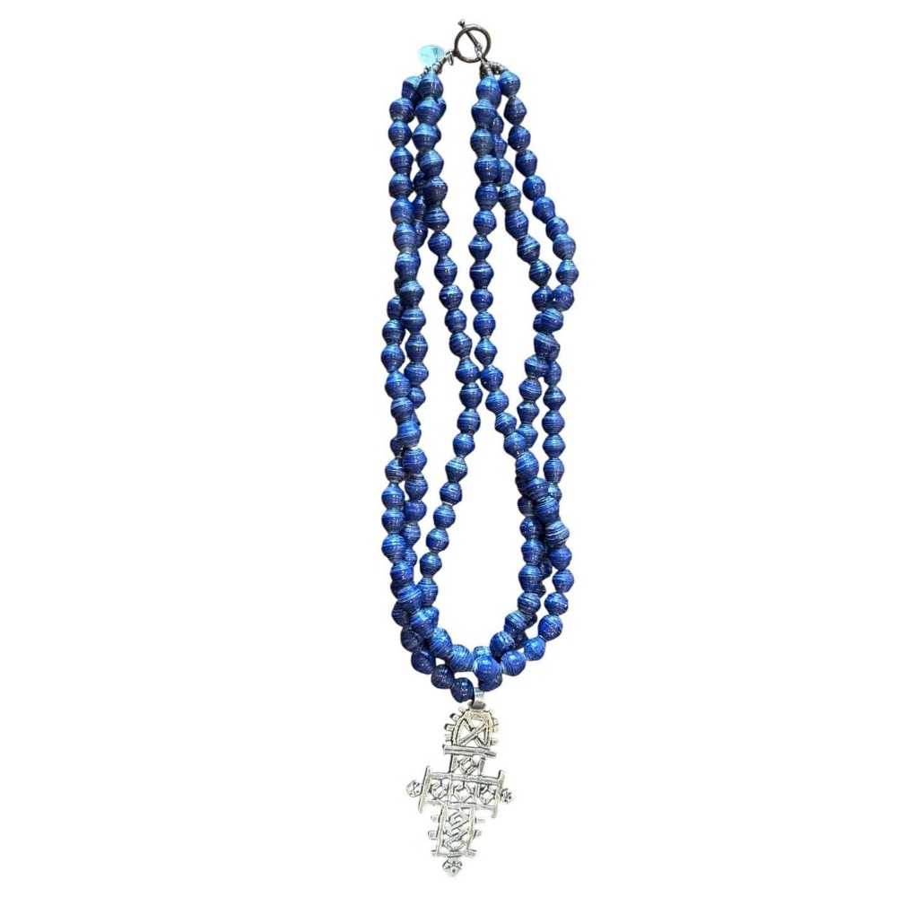 Akola‎ Project 36" Paper Bead Necklace Blue Long Fair Trade Wisteria Cross